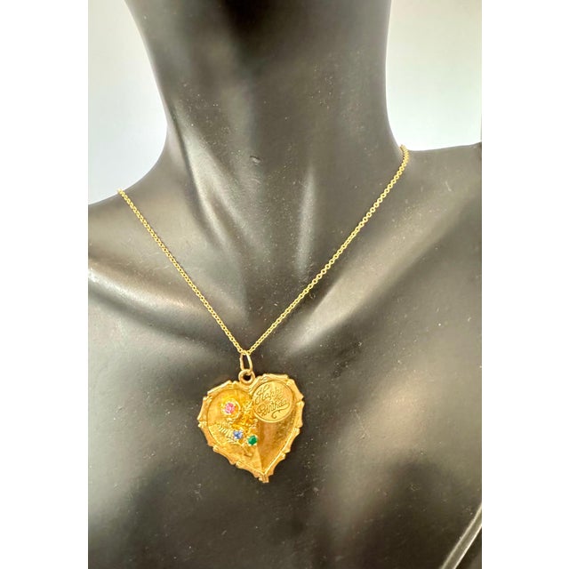 Vintage 14 Kt Y Gold Heart Happy Birthday Pendant + Emerald + Sapphire + Chain For Sale - Image 13 of 18