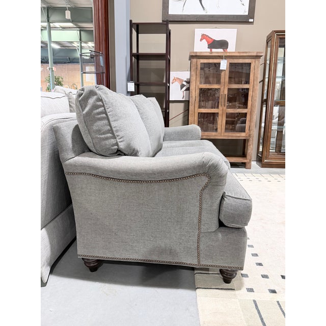 Transitional Late 20th Century Bassett Grey Linen Nailhead Trim Sofa For Sale - Image 3 of 12