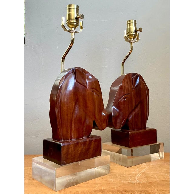 Wood Vintage Carved Wood Horse Lamps on Lucite Base - A Pair For Sale - Image 7 of 17