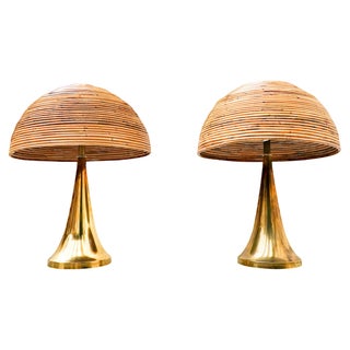 Modern Italian Brass and Bamboo Table Lamp, Set of 2 For Sale