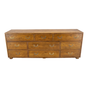 Henredon Campaign Style 9 Drawers Brass Drop Pulls Long Dresser Credenza