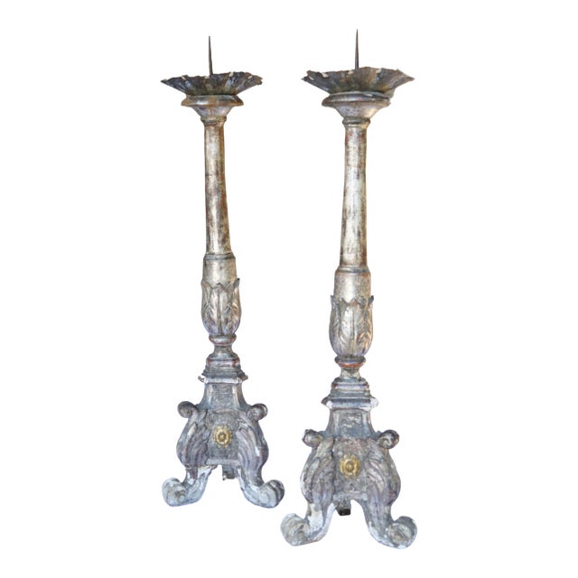 56” Tall Rare Pair of 18th-Century Italian Silvered & Giltwood Ecclesiastical Altar Prickets For Sale