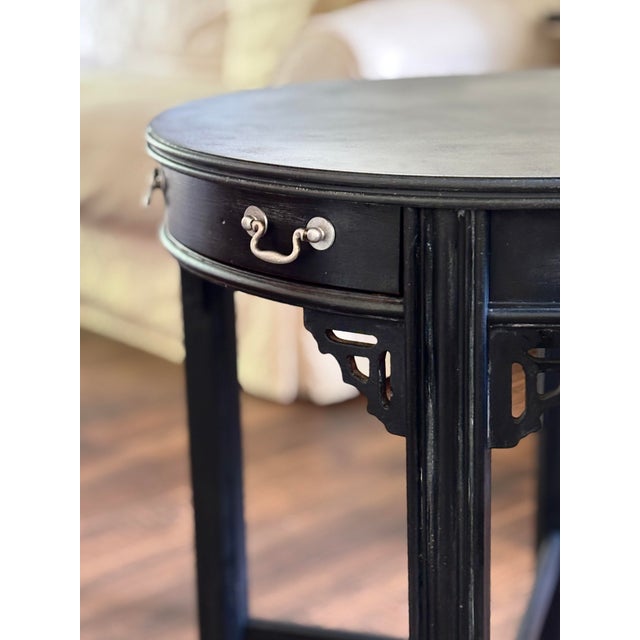 Wood Antique Chinoiserie 24" Black Round Accent Table With Curved Drawer For Sale - Image 7 of 7