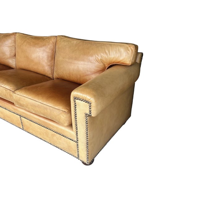 Vintage English Leather Sofa Tan Color Nail Head Trim Feather Down Cushions For Sale - Image 9 of 18
