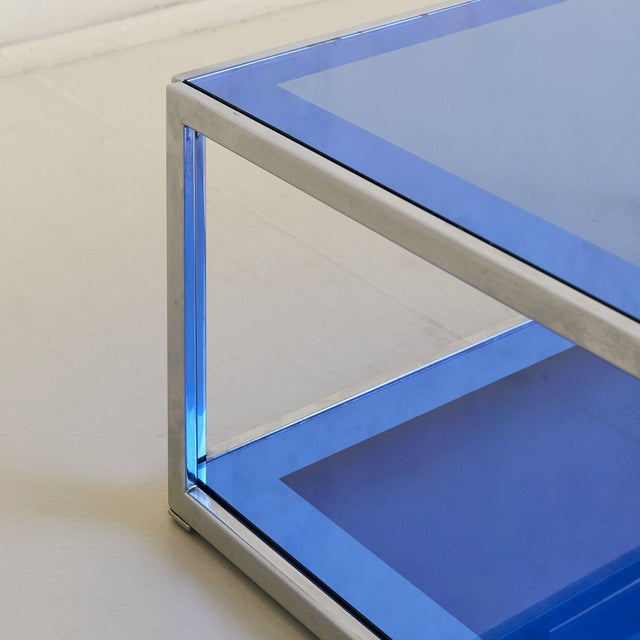 Metal Italian Blue Glass + Chrome Coffee Table Attributed to Cristal Arte, 1970s For Sale - Image 7 of 8