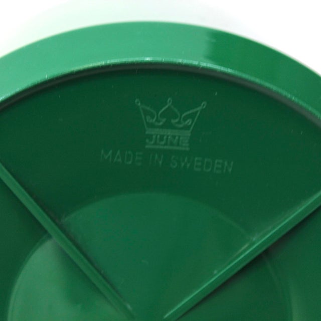 Mid century glass lined carafe. Chartreuse and forest green plastic exterior. Screw top. Condition: Very good, minor...