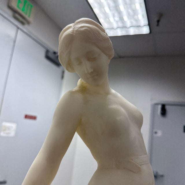 Off-white 19th Century Emilio Fiaschi Alabaster Nude Female Sculpture on Marble Pedestal Stand, Set of Two For Sale - Image 8 of 12