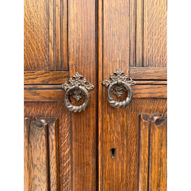 Vintage English Tudor Revival Oak Wardrobe Armoire by Crown Ay Furniture For Sale - Image 9 of 16