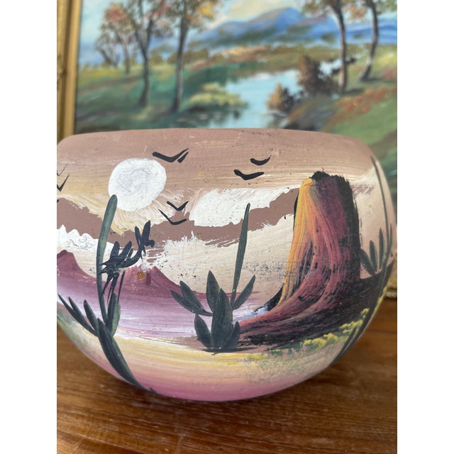 Brown Hand-Painted Terracotta Desert Landscape Pot Marked "Mexico" For Sale - Image 8 of 9