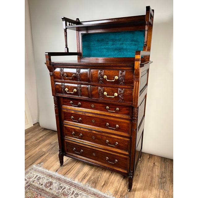 Late 19th Century Antique Victorian Aesthetic Movement Mahogany Four Over Four Gentlemen’s Chest C. 1880 For Sale - Image 5 of 13