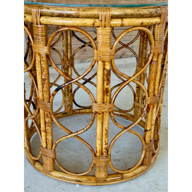 Mid 20th Century Mid-20th Century Coastal Refinished Tortoise Rattan Cane Drum Side Table For Sale - Image 5 of 11