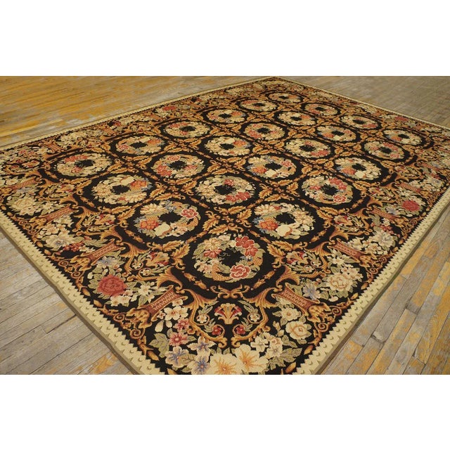 1980s Black Roses Circle Vintage Chinese European Needlepoint Woven Wool Rug For Sale - Image 4 of 11