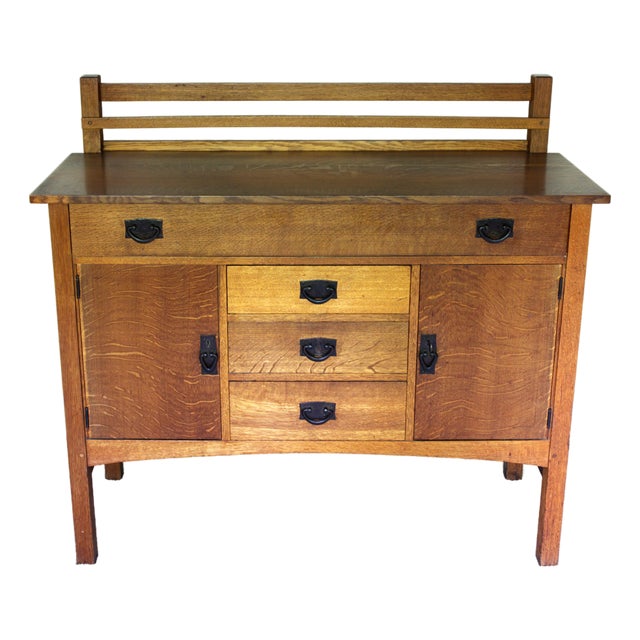 Gustav Stickley Sideboard Model 816, Signed "Als Ik Kan" Joiner's Compass Decal, Arts & Crafts Craftsman Workshop, C. 1907–1912 For Sale