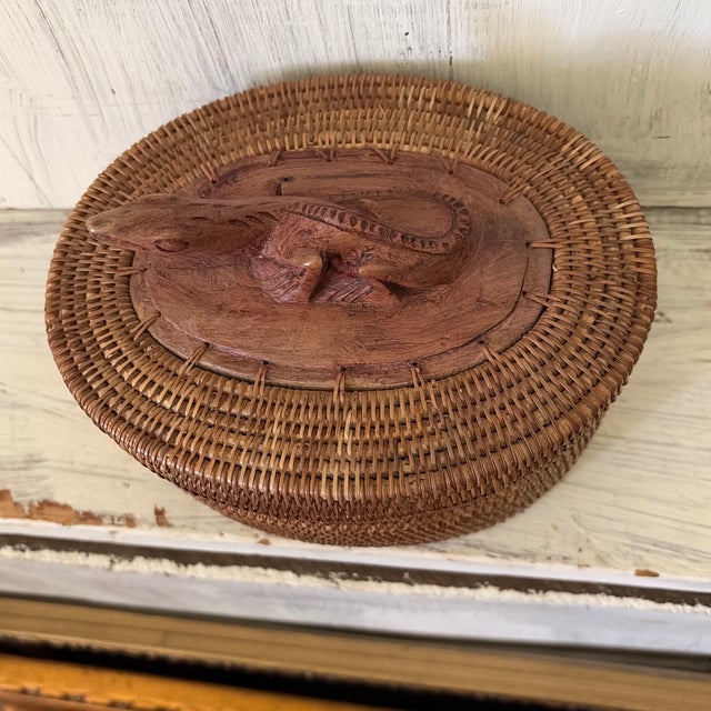 Rustic Vintage Wicker Basket W/ Lizard Top For Sale - Image 3 of 12