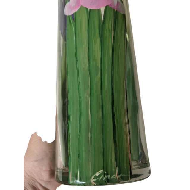 Vintage Original Hand Painted Botanical Iris Flower Glass Vase Signed For Sale - Image 13 of 17