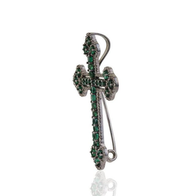 Early 21st Century Royal Victorian Style Emerald & Diamond Cross Brooch Pendant in 925 Sterling Silver For Sale - Image 5 of 14