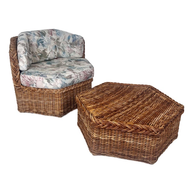 Vintage Braided Wicker Rattan Hexagonal Chair and Ottoman Set For Sale