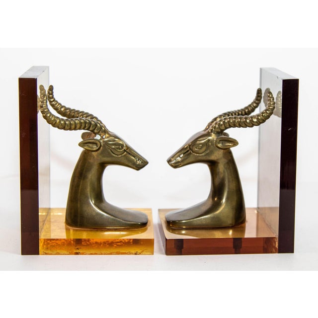 Brass Gazelle on Lucite Mount Antelope Bookends a Pair 1950s For Sale In Palm Springs - Image 6 of 12