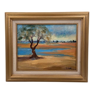 Vintage Original Oil Painting Impressionist Landscape Tree by Water For Sale