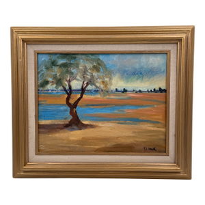 Vintage Original Oil Painting Impressionist Landscape Tree by Water