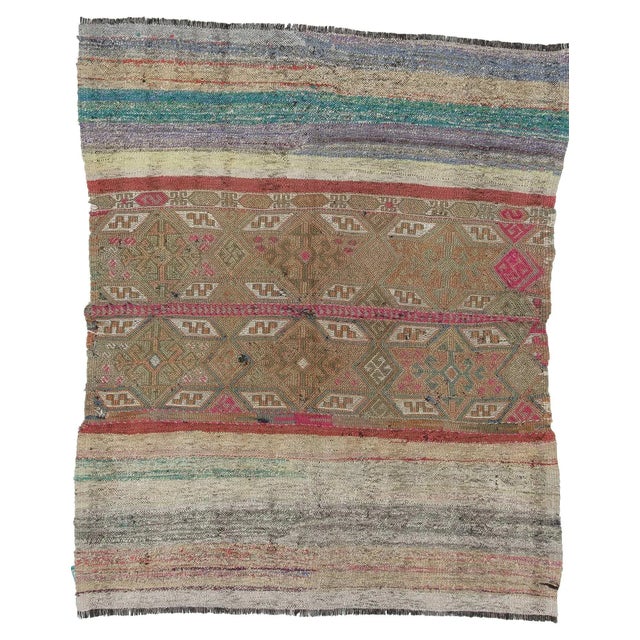 Textile Vintage Embroidered Kilim Rug- 4′2″ × 5′1″ For Sale - Image 7 of 7