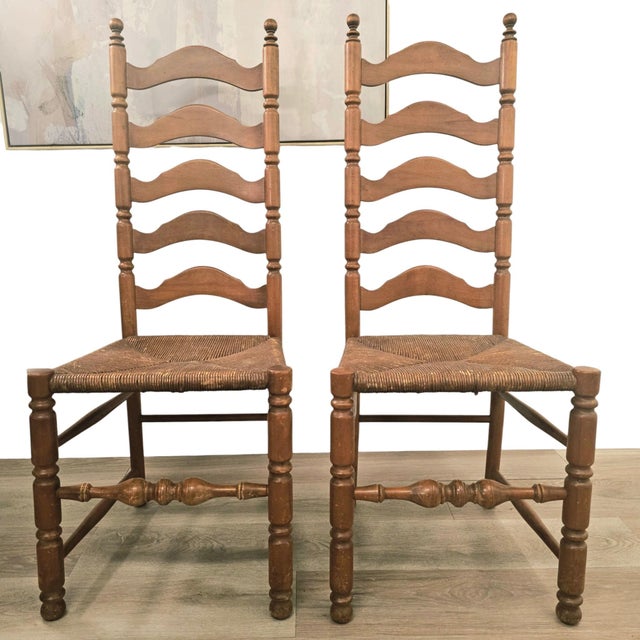 Mid-Century Modern Set of 6 French Provincial Ladderback Dining Chairs With Rush Seats, Oak, Mid-Century For Sale - Image 3 of 18