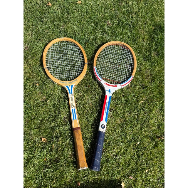 Pair of 1970s vintage colorful tennis rackets. One Pancho Gonzales Spalding and one Roy Emerson Chemold. Colorful patina...