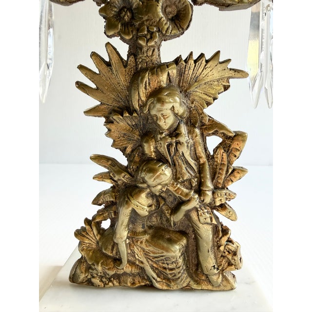 Ornate 3 arm Girandole with a marble and cast brass figural base featuring a Victorian courting couple.