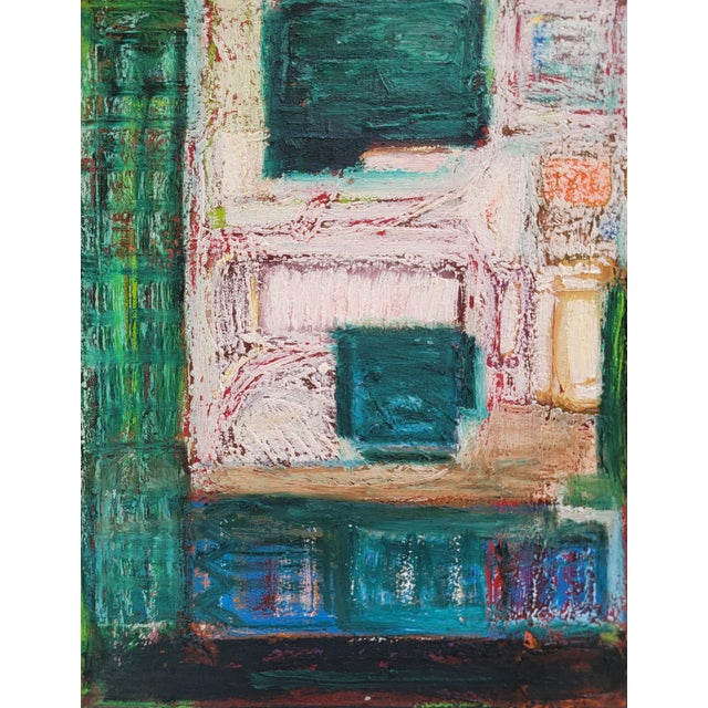 A striking abstract landscape layered in rich, thick hues of green, turquoise, blue, red, purple, brown and orange;...