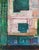 A striking abstract landscape layered in rich, thick hues of green, turquoise, blue, red, purple, brown and orange;...