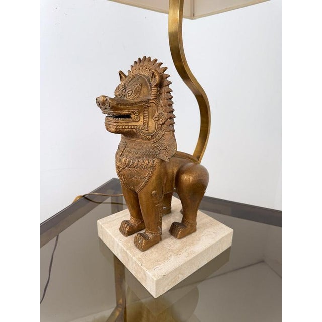 Thai Singha Lion Foo Dog Table Lamp in Gilt Bronze, Brass and Travertine, 1970s For Sale - Image 17 of 18