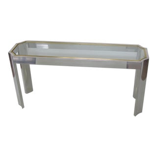 Willy Rizzo Style Aluminum and Brass Console Sofa Table With Glass Top, 1970s For Sale