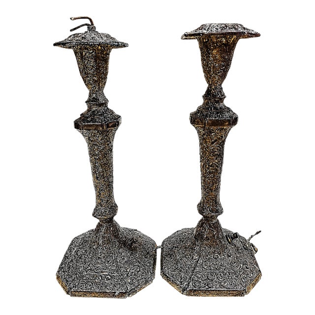 Pair of Ornate Bronze-Plated Spelter Table Lamp Bases — c.1920s For Sale