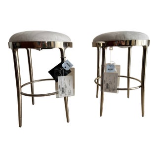 Baker Furniture Minimalist Counter Stool, Polished Nickel Base, Swivel Seat in White Suede - Pair For Sale