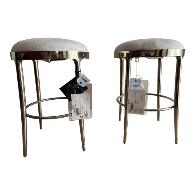 Baker Furniture Minimalist Counter Stool, Polished Nickel Base, Swivel Seat in White Suede - Pair For Sale
