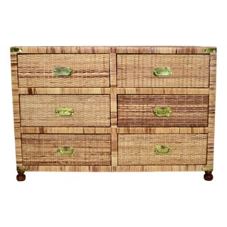 1970's Vintage Coastal Woven Rattan Campaign Chest of Drawers For Sale