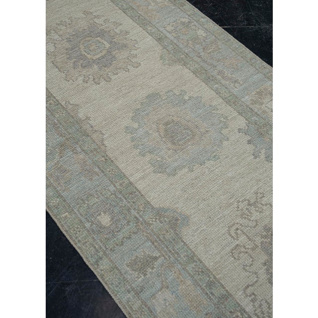 Early 21st Century Turkish Oushak Runner Rug Green, Taupe & Blue Handwoven Wool Rug 2'11" X 10'4" For Sale - Image 5 of 10