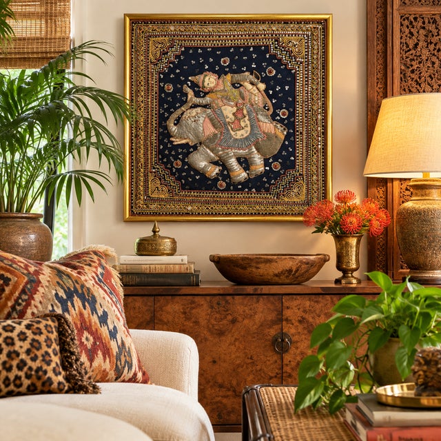 Framed Vintage Burmese Kalaga Elephant Tapestry – Beaded & Sequined Textile Wall Art For Sale In Raleigh - Image 6 of 6