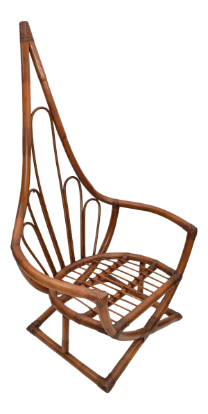 Vintage Albini Style Handwoven Bamboo & Wicker Peacock High Back Chair, Italy
