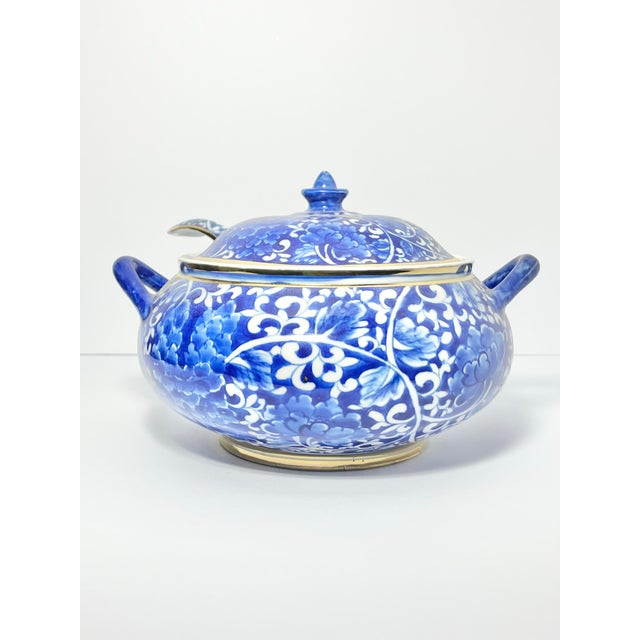 Vintage Porcelain Jasmin Flowers Blue, White & Gold Soup Tureen Lid & Ladle 9.5” Excellent condition. No chips, cracks, or...