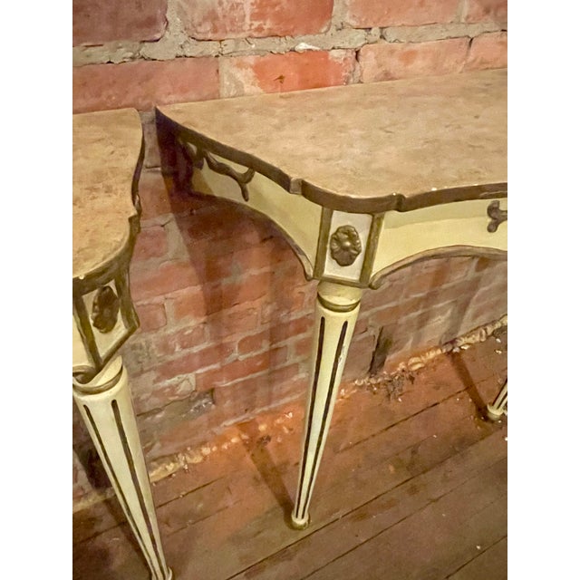Antique White Pair of Mid 20th Century French Hollywood Regency Small Painted Cameo Wall Mount Pier Console Tables For Sale - Image 8 of 12