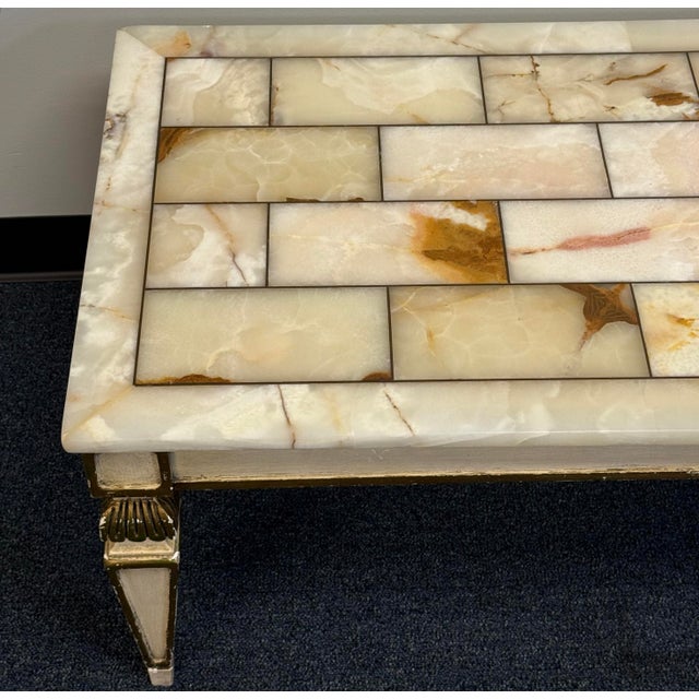 Early 20th Century Parcel Gilt Hand Painted Louis XVI French Regency Coffee Table With Mosaic Onyx Top For Sale - Image 4 of 12