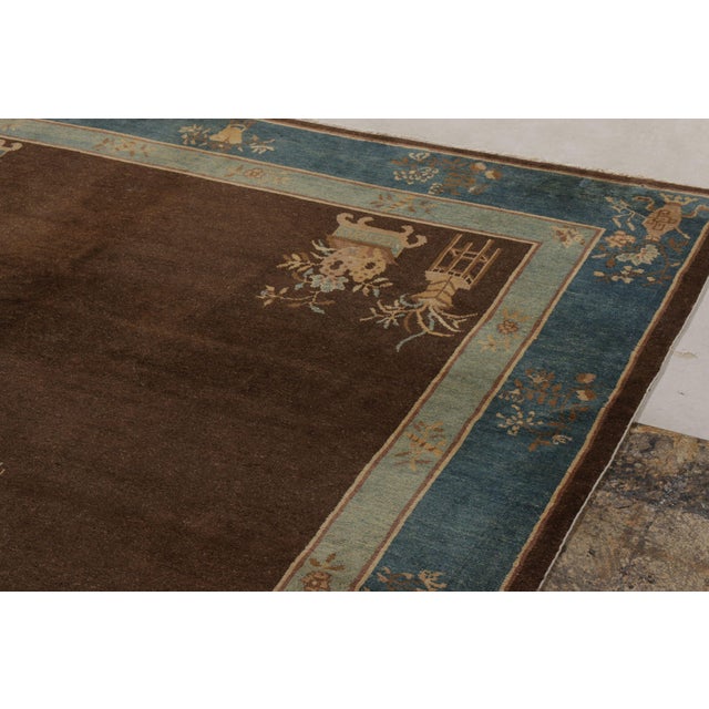 Hand-Knotted Antique Peking Chinese Deco Rug in Blue, Brown Pictorial Pattern For Sale - Image 4 of 7
