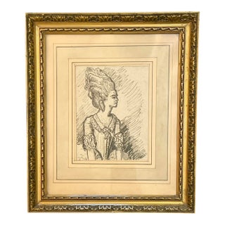 Antique French Pen and Ink Drawing Queen Marie Antoinette For Sale