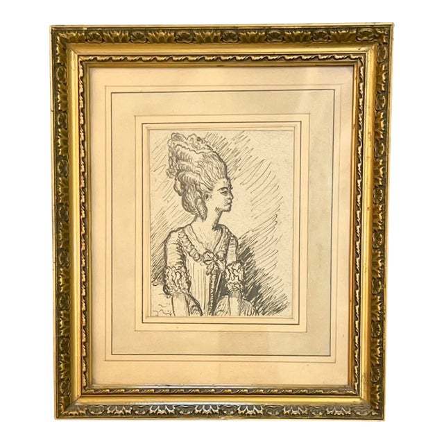 Antique French Pen and Ink Drawing Queen Marie Antoinette For Sale
