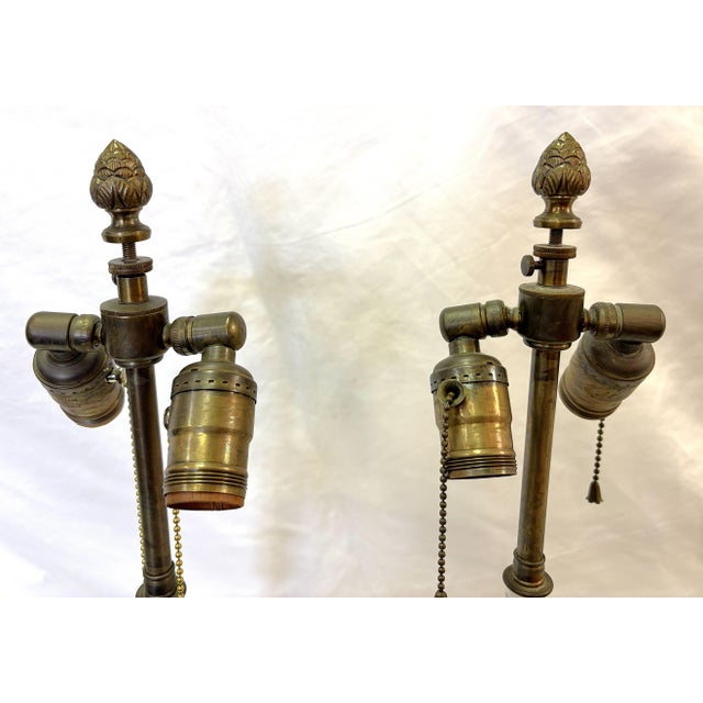 Antique French Art Nouveau Embossed Brass Candlestick Lamps- A Pair For Sale - Image 12 of 18