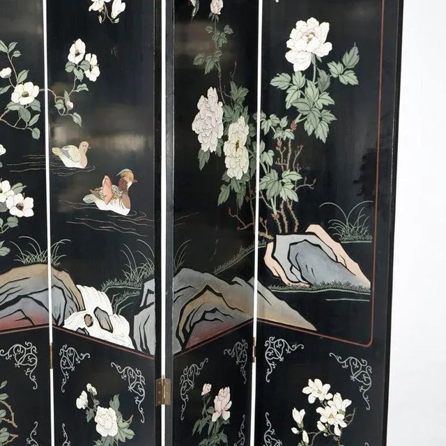 Black Ebonized Chinoiserie Decorated Four Panel Landscape Screen with Garden, 20th Century For Sale - Image 8 of 13