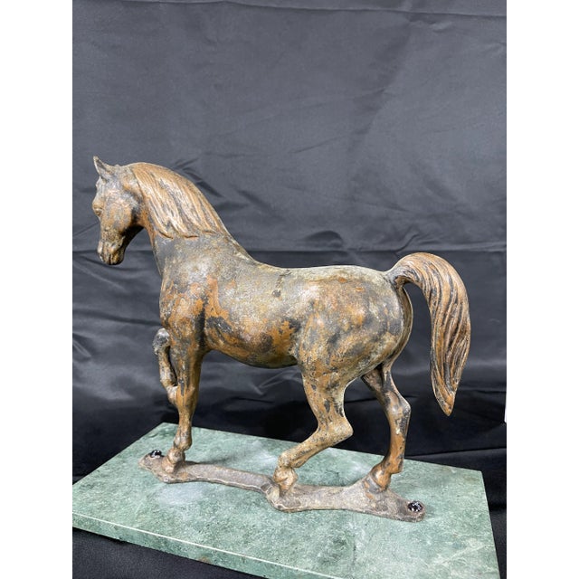 American Antique Metal Horse on Green Marble Stand For Sale - Image 3 of 6