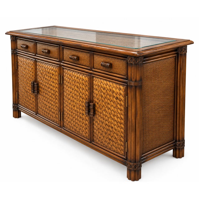Traditional Vintage Rattan and Bamboo-Style Sideboard With Glass-Inset Top – Tropical Regency Cabinet For Sale - Image 3 of 9