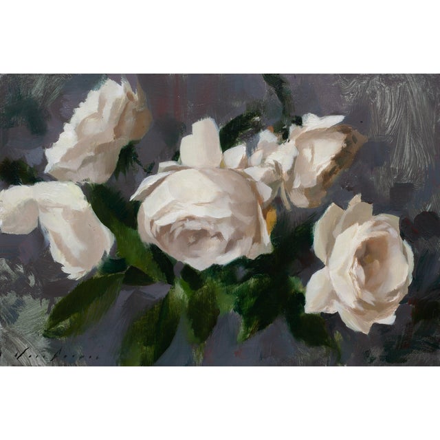 "Roses III" is an oil on panel painting by Jon Doran, completed in 2026. Several open white roses fill this small...